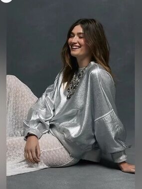 FREE PEOPLE Gaia Coated Sweatshirt in Silver Foil Sz S NWT $148
